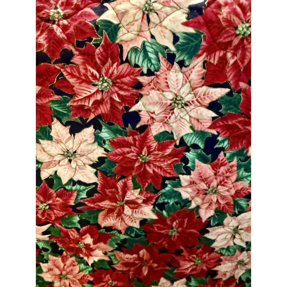Vintage Reversible Quilted Christmas Table Topper Poinsettia Lace 45